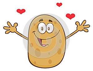 Happy Potato Cartoon Character With Hearts And Open Arms For A Hug