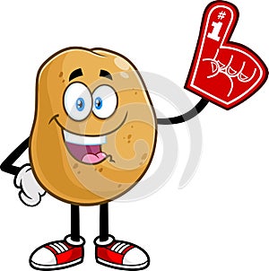 Happy Potato Cartoon Character Wearing A Foam Finger