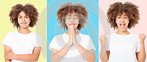 Happy and praying collage of young dark skin woman isolated on colorful background in tshirt clothes. Copy space. Mock up t shirt