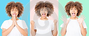 Happy and praying collage of young dark skin woman isolated on colorful background in tshirt clothes. Copy space. Mock up. White