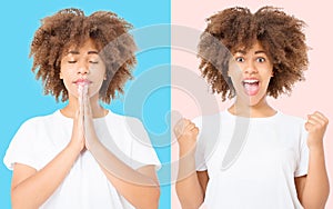 Happy and praying collage of young dark skin woman isolated on colorful background in tshirt clothes. Copy space. Mock up. White