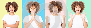 Happy and praying collage of young dark skin woman isolated on colorful background in tshirt clothes. Copy space. Mock up. White