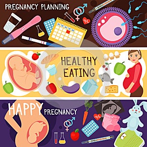 Happy pregnancy banners. Pregnant woman lifestyle, planning of child conception, gestation baby healthy diet vector