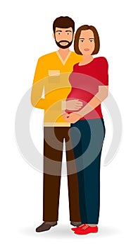 Happy pregnancy family. Couple of man and pregnant woman standing together isolated on a white background.