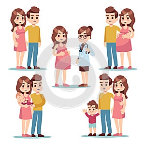 Happy pregnancy. Pregnant woman mom, man father and healthy lovely newborn baby. Young family cartoon vector characters