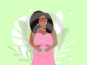 Happy pregnant african american woman. Beautiful smiling girl in pink dress and magnificent hairstyle holds her belly