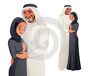 Happy pregnant Arab couple with pregnancy test. Vector illustration.