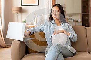 Happy Pregnant Asian Woman Using Laptop Computer At Home