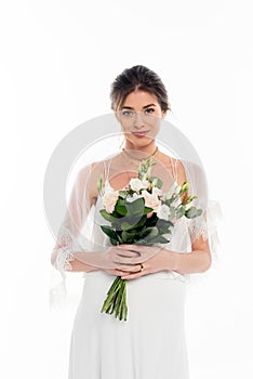 happy, pregnant bride looking at camera