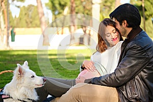 Happy pregnant couple embracing on a picnic with their dog.