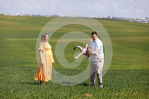 Happy pregnant family with little daughter spending time together in sunny green field on summer day