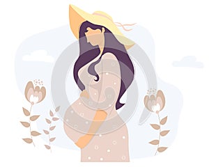 Happy pregnant girl on vacation in a sun hat hugs her belly on a background of flowers. Vector illustration. Female