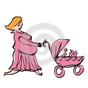 Happy pregnant mother in pink dress pushing baby girl stroller