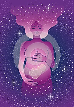 Happy pregnant woman with a baby hugging her belly in space. Esoteric concept.