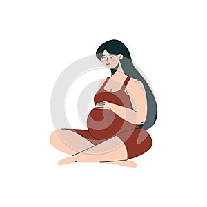 Happy pregnant woman. Cartoon female character with child in belly, expecting mom with tummy, maternity and motherhood