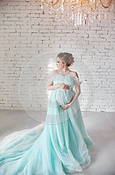 Happy Pregnant woman in long evening dress touching belly hands. Waiting the birth of a child, a woman in her eighth month