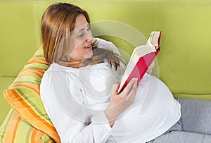 Happy pregnant woman reading a book