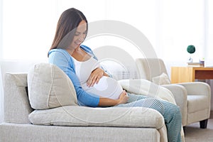 Happy pregnant woman resting at home on the sofa