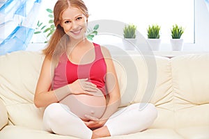 Happy pregnant woman is resting at home on sofa