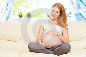 Happy pregnant woman is resting at home on sofa