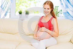 Happy pregnant woman is resting at home on sofa
