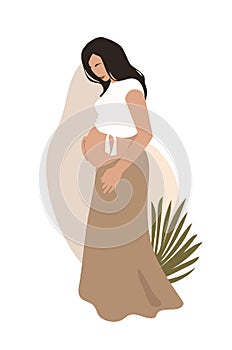 Happy pregnant woman side view, vector illustration in boho design. Modern pregnancy. Card for fashion, female doctor