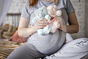 Happy pregnant woman sitting on bed at bedroom holding two cute bear toys awaiting twins baby