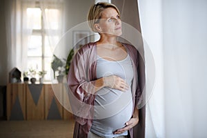 Happy pregnant woman stroking her belly, looking out of the window.