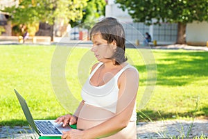 Happy pregnant woman working on computer