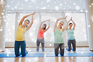 Happy pregnant women exercising on mats in gym