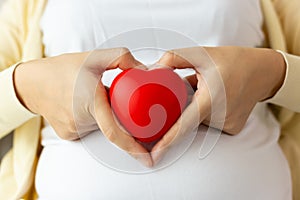 Happy pregnant young asian woman making hand heart gesture and holding red heart in hand in front of mother belly at home.