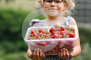 Happy preschool girl holding box with healthy strawberries from organic berry farm in summer, on sunny day. Smiling