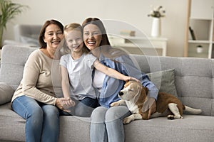 Happy preschool kid girl stroking cute beagle dog on couch