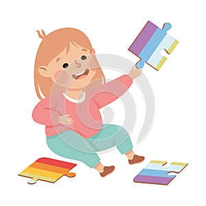 Happy preschool little girl playing jigsaw puzzle cartoon vector illustration