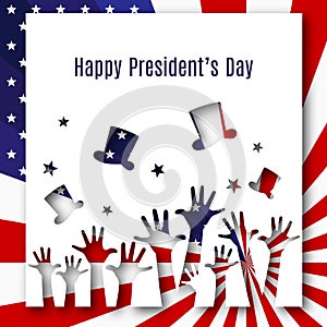 Happy President day text banner hands hats on american flag background Patriotic american theme USA flag pattern stars stripes