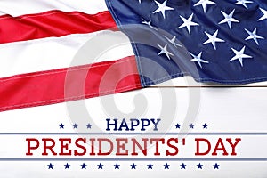 Happy President`s Day - federal holiday. American flag and text on white wooden background, top view