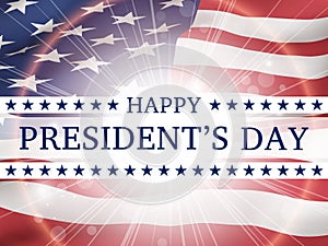 Happy president`s day - poster with the flying flag of the United States of America