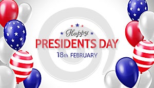 Happy Presidents Day 18th february holiday banner with patriotic american balloons in red white and blue colors. - Vector