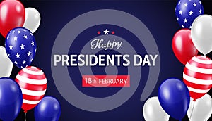 Happy Presidents Day 18th february. Vector horizontal banner with patriotic balloons in red white and blue colors with stars