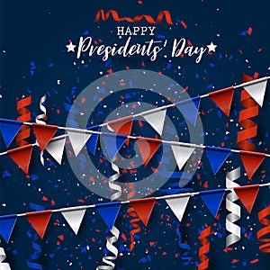 Happy Presidents day background. American flag colors blue, red, and white bunting and confetti. Celebration design concept