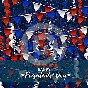 Happy Presidents day background. American flag colors blue, red, and white bunting and confetti. Celebration design concept