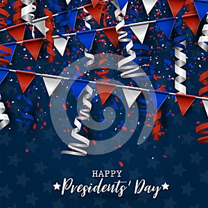 Happy Presidents day background. American flag colors blue, red, and white bunting and confetti. Celebration design concept