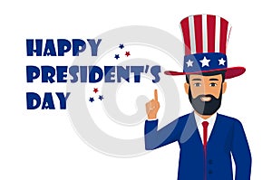 Happy Presidents Day background with man in hat pointing up for President`s day and Independence Day in USA