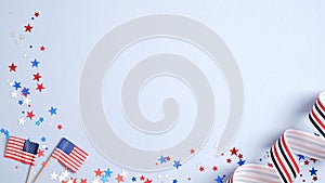 Happy Presidents Day banner mockup with American flags, confetti and ribbon. USA Independence Day, American Labor day, Memorial