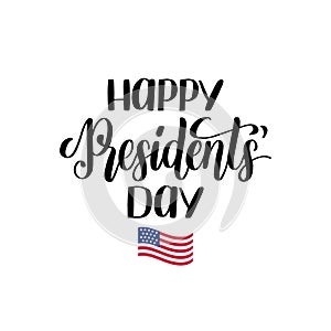 Happy Presidents Day handwritten phrase in vector. National holiday illustration with USA flag on white background.