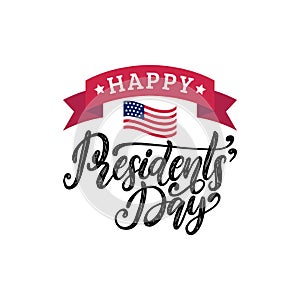 Happy Presidents Day handwritten phrase in vector. National holiday illustration with USA flag on white background.