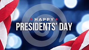 Happy Presidents` Day Text Over Blue Lights Background and American Flags