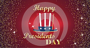 Happy Presidents Day Typography with tall hat and red with gold background. Vector illustration for cards, banners