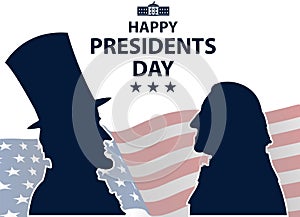 Happy Presidents Day in USA Background. George Washington and Abraham Lincoln silhouettes with flag as background.