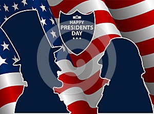 Happy Presidents Day in USA Background. George Washington and Abraham Lincoln silhouettes with flag as background.